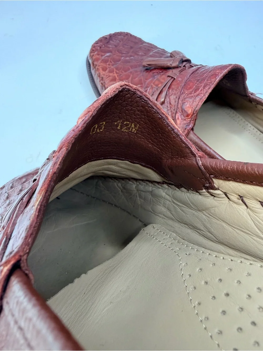 BRASS BOOT Genuine Caiman Alligator Cognac Leather Tassel Loafers Sz. 12M